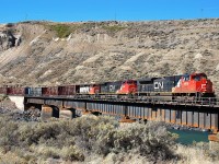 CN nos.8916,2146&5305 are crossing the Thompson River just east of Ashcroft with an eastbound mixed freight.