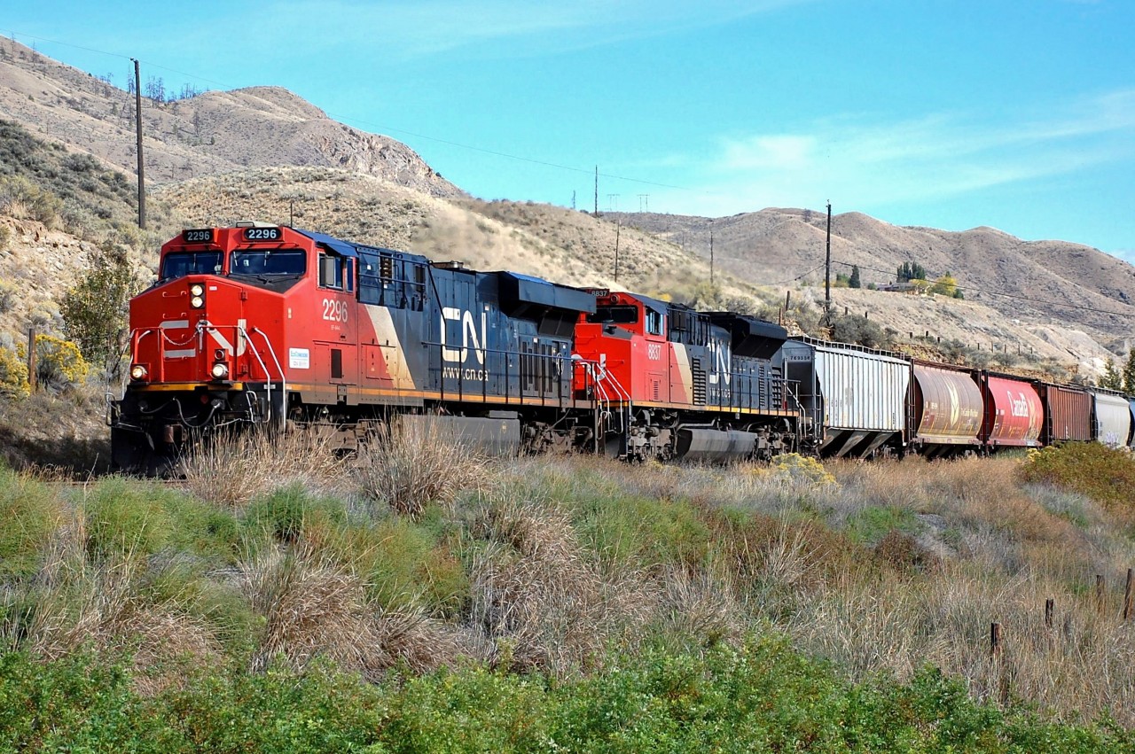 A westbound load of grain has just passed through Walhachin behind CN nos.2296&8837 and is headed for Ashcroft.