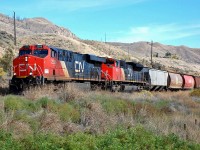 A westbound load of grain has just passed through Walhachin behind CN nos.2296&8837 and is headed for Ashcroft.