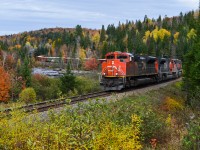 CN 8834 is at the head end of a monster CN 369 as it rounds a scenic s-curve on CN's rollercoaster Lac St-Jean sub. The train has 3 units at the head end (CN 8834, CN 8851 & IC 2719) and 2 more operating mid-train (CN 5650 & CN 8893) and weighs in at a whopping 13,000+ tons. The train was later than it usually is as it had broken a knuckle when departing its point of origin (Chambord, Qc). For more train photos, check out http://www.flickr.com/photos/mtlwestrailfan/