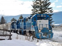 [Editors note: This line was effectively abandoned (and ressurected) in 2013 - thusly we are accepting this image] LLPX 2606,2605&GMTX 2258 are approaching a crossing in Spallumcheen with a mixed freight headed for Kamloops.