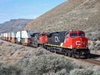 CN nos.2532&8018 are nearing Kamloops with an eastbound Intermodal.