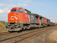 CN 331 flies towards the crossing at Powerline Road with CN 2176 and CN 2153.  I saw CN 2176 last week trailing on 331 and this week get it leading!