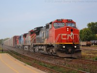 CN 382 makes its way through Brantford with an amazing consist.  The consist in order is CN 2190, BCOL 4644, GTW  4927 and GTW 4915.  Not one of the units in this consist started their lives under CN ownership.  It was a nice lunch hour surprise!