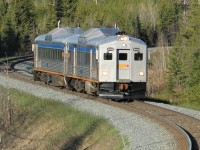 VIA 185 with Budd cars 6250 and 6217 motors down the grade between O’Brien and White River. 