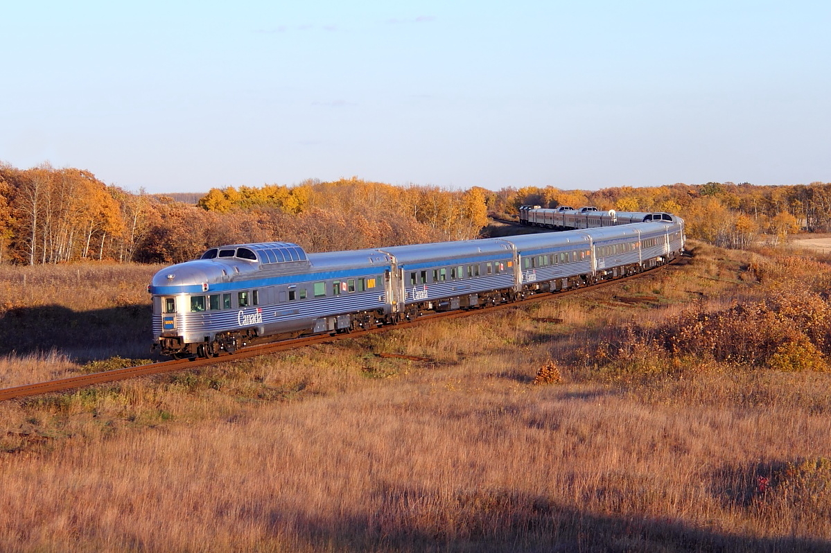 VIA's eastbound "Canadian" departs the Rivers area for Winnipeg.