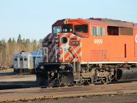 CP SD40-2F 9009 and VIA Rail Diesel Car 6217 are parked in the yard at White River and ‘off-duty’. 