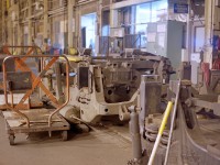 Constantly cycled among ONR's 1800 and 2000 series units, these Blomberg 'B' trucks sit upturned on the floor of the wheel shop.  They are waiting for shop staff to get back at things the next morning.