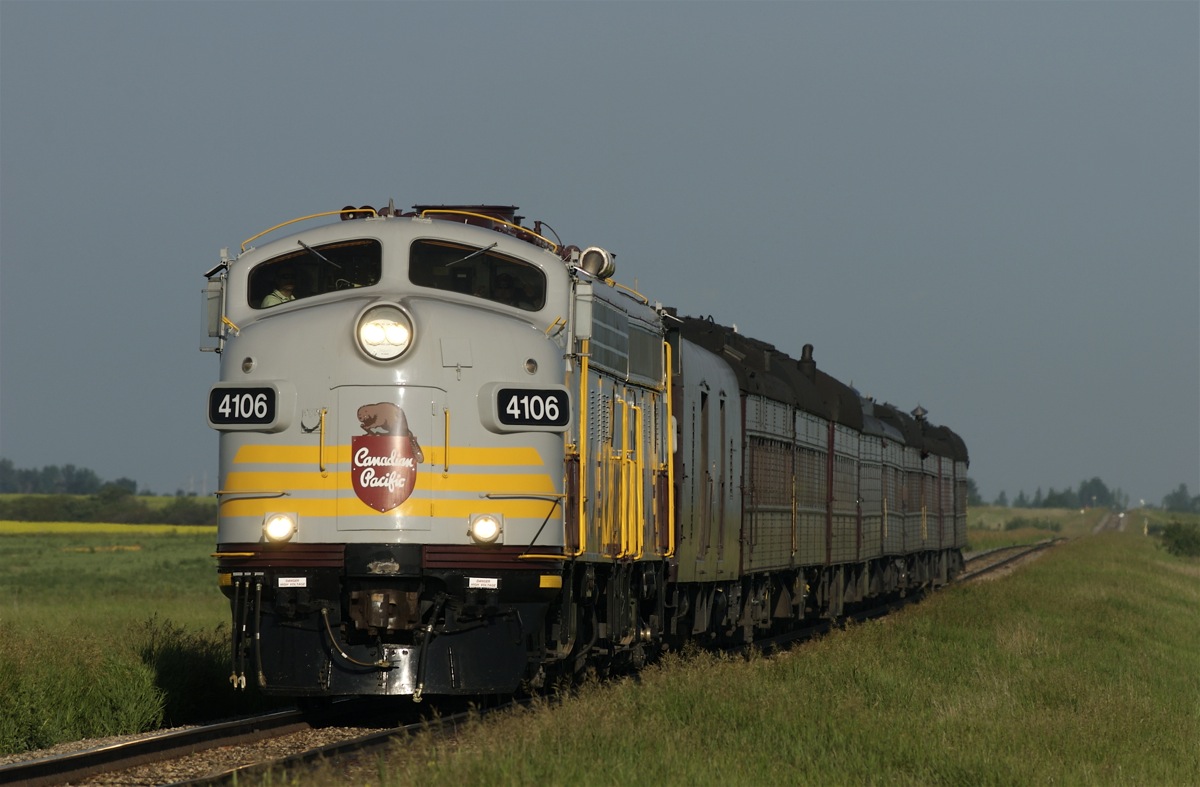 In summer 2008 a bunch of CP brass wanted to see operations on the company's secondary route across the prairies, so this fine looking set of equipment was called upon. The trip originated in Calgary and only made it to Edmonton before encountering its first hurdle. Being that several wheel sets on the coaches had been b/o'd and needed to be swapped out. Late the next day they were on the move again and made it to Hardisty. The next morning they found that one of the units was completely out of fuel and the other was low. No fuel truck arrangements could be made so before leaving Hardisty the decision was made to steal an SD40-2 off another train. So another late start put them only at Wilkie (about 120 miles away) by days end. The next morning the SD40 was removed, the F's were filled up and this thing was getting closer to me. But when taking the siding at Biggar for a meet, a wheel set on one of the coaches derailed. It was nothing too serious but it caused another significant delay and it was quite late by the time they made it into Saskatoon that night. The next morning all seemed to be well as I chased them eastward and made this shot on the Sutherland Sub at Plunkett. But sure enough... Not long after they left the Sutherland and began there journey southward on the Lanigan Sub, they encountered a good old fashioned tie replacement program. A little under four hours was spent waiting to be let through the foreman's limits, during which the crew gave there rest notice (to be in and off in 10 hours) and all kinds of panic and plans could be heard over the scanner. In the end the crew wound up working over in return for a taxi home from Regina afterwords. At Regina the train was reunited with the main line again and began its trip homeward towards Calgary, during which it had no problems at all. I hope the big wigs enjoyed there trip on the branch lines because I sure enjoyed hearing about and photographing it.