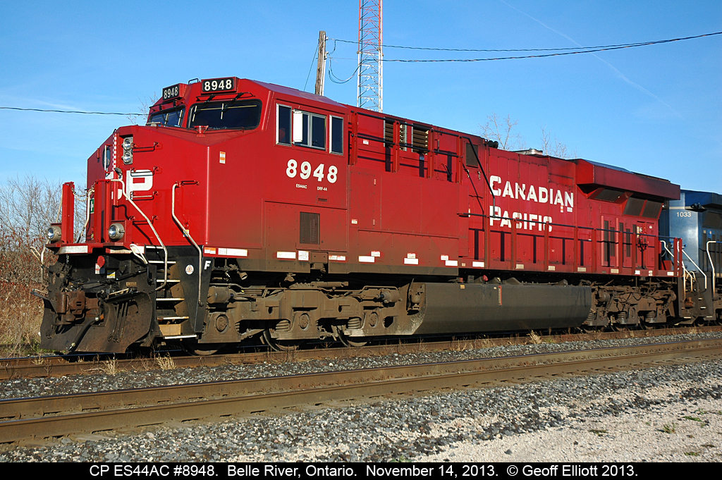 Fall light looks great on CP ES44AC #8948 as it sits in the siding in Belle River waiting on an eastbound to clear.