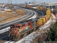 A pair of saggin' wagons, BCOL 4603 and CN 2451, make 149's tailend lift out of the yard at Oshawa, Ontario. Though always a worthy chase, BCOL leaders are common enough on the Kingston Sub to not be foam-inducing anymore. 1324hrs.