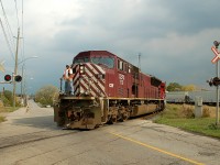 An eastbound CP train with CP 8813 - CEFX 119 heading down to the lower yard to lift some cars