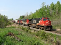 On a sunny spring's day, some time trackside at "Mile 30" finds a moderate parade of CN freights coming and going on the busy Halton Subdivision. Here, CN 435 heads downgrade for Burlington, with CN C44-9W 2608 leading SD50F 5459, and GP9RM 4018 (which will probably be set off somewhere along the line like Aldershot Yard).