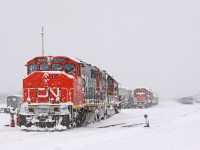 Winter has come early to Southwestern Ontario, or at least part of it. Amid a raging blizzard, CN 439's power backs onto their train as CN 511 looks on. Today's power is bright and shiny CN 4761, 4700, and a very cold CN 4116 for Chatham. The crew reported that there was no snow west of the Melrose diamond - I bet 4116 is looking forward to thawing out after spending the night accumulating snow in London! CN 511 (4728 west) would follow them out of the yard to work the grain elevator at Kerwood. 