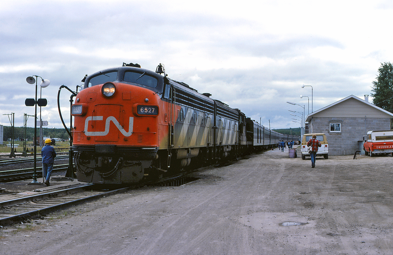 CN #3 is seen sitting at the Hornepayne station before resuming their journey across the Caramat Sub to points west.