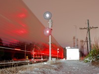 Knocking down the clear signal at the east end of Cherrywood siding, CP 3111 and 8249 muscle the Oshawa Turn westbound with multi's loaded with new GM cars to Agincourt Yard. 