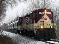 OSRX GP7's 378 - 383 lead the Woodstock turn through Beachville 