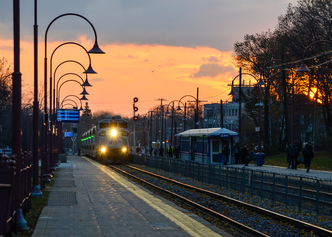 AMT 1342 leads a deadhead movement east through Montreal West at sunset. For more train photos, check out http://www.flickr.com/photos/mtlwestrailfan/