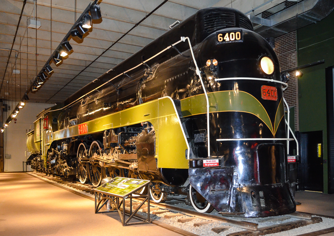 Streamlined CN Steam. The Canada Science and Technology Museum has a compact but impressive display of Canadian steam engines in their main building (with more in storage). Probably the most impressive is CN 6400, one of 5 streamlined engines the Montreal Locomotive Works (GTW also had similarly streamlined engines built by Lima). For more train photos, check out http://www.flickr.com/photos/mtlwestrailfan/