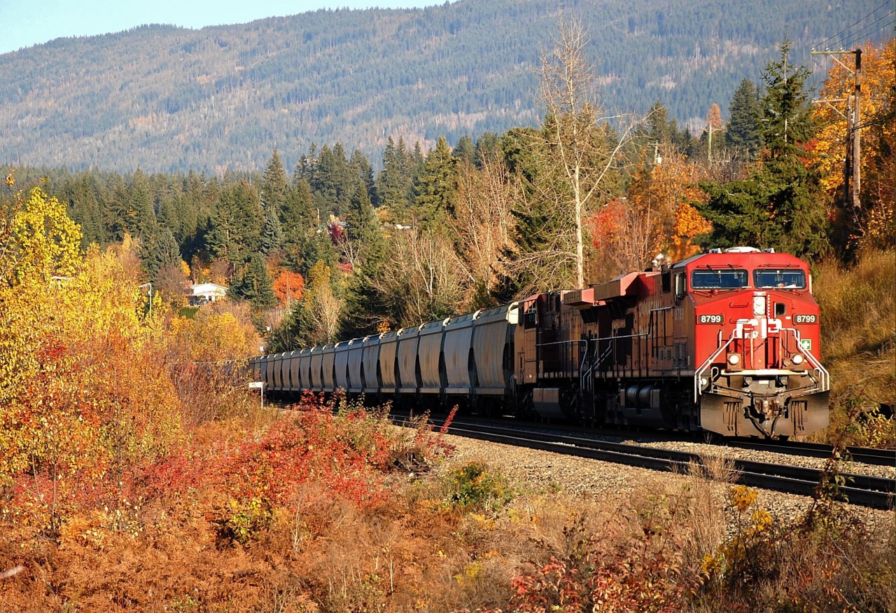 CP 8799 is at the head of this westbound load of potash as it nears downtown Salmon Arm.