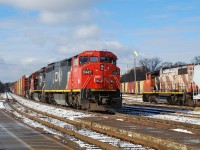 CN 332 passes 580 in the yard that will have to wait for VIA 72 and CN 331 to also pass before they can back out of the yard and head for the Burford Spur.