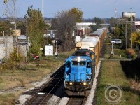 Goderich-Exeter train 431 is about to back into the yard and call it a day after having arrived from Mac Yard with empty autoracks for CP. The interchange is at South Junction (Kitchener) - the junction of the GEXR Huron Park spur and the CP Waterloo Subdivision (Grand River Railway).

