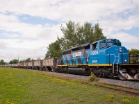 Passing through the tiny hamlet of Echo Bay, this eastbound ballast train deadheads for an overnight rest in Blind River. They ran this train using an "L20L setup, with an identical DESX 5309 shoving on the tail end.