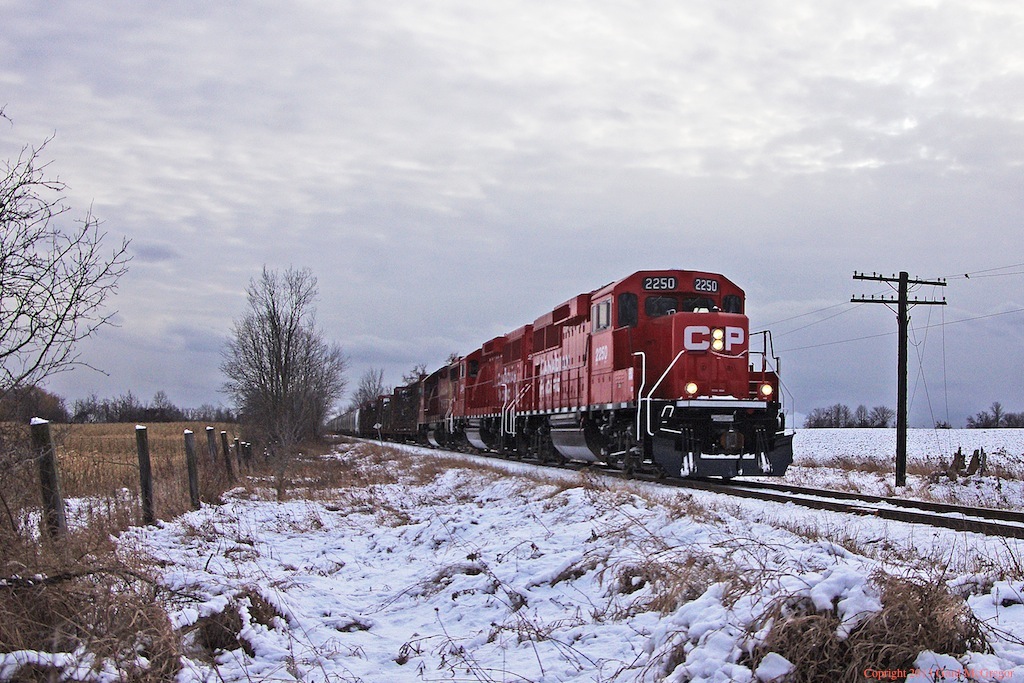 After arriving in Toronto a few weeks back a pair of new 2200 are now assigned to the Havelock Line,as seen with the fresh late Autumn snow in Locust Hill Ontario.