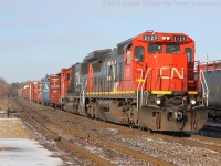 The only sunny day so far this week brought out some good consists on CN this morning.  Here we see CN 332 on the North track at Brantford with CN 2127 leading CN 5426.  It was a great way to start off the weekend that is for sure.