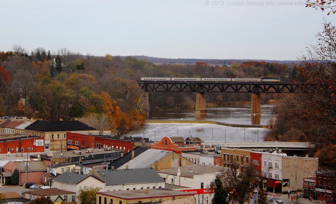 Via 72 crosses over the Grand River at Paris Ontario in a scene that almost looks like it could be a model railroad.