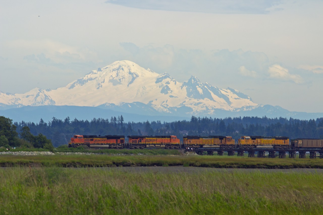 B.N.S.F. Coal train Coming off Mud Bay Trestle headed for Roberts Bank.  Mount Baker in Background.