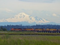 B.N.S.F. Coal train Coming off Mud Bay Trestle headed for Roberts Bank.  Mount Baker in Background.