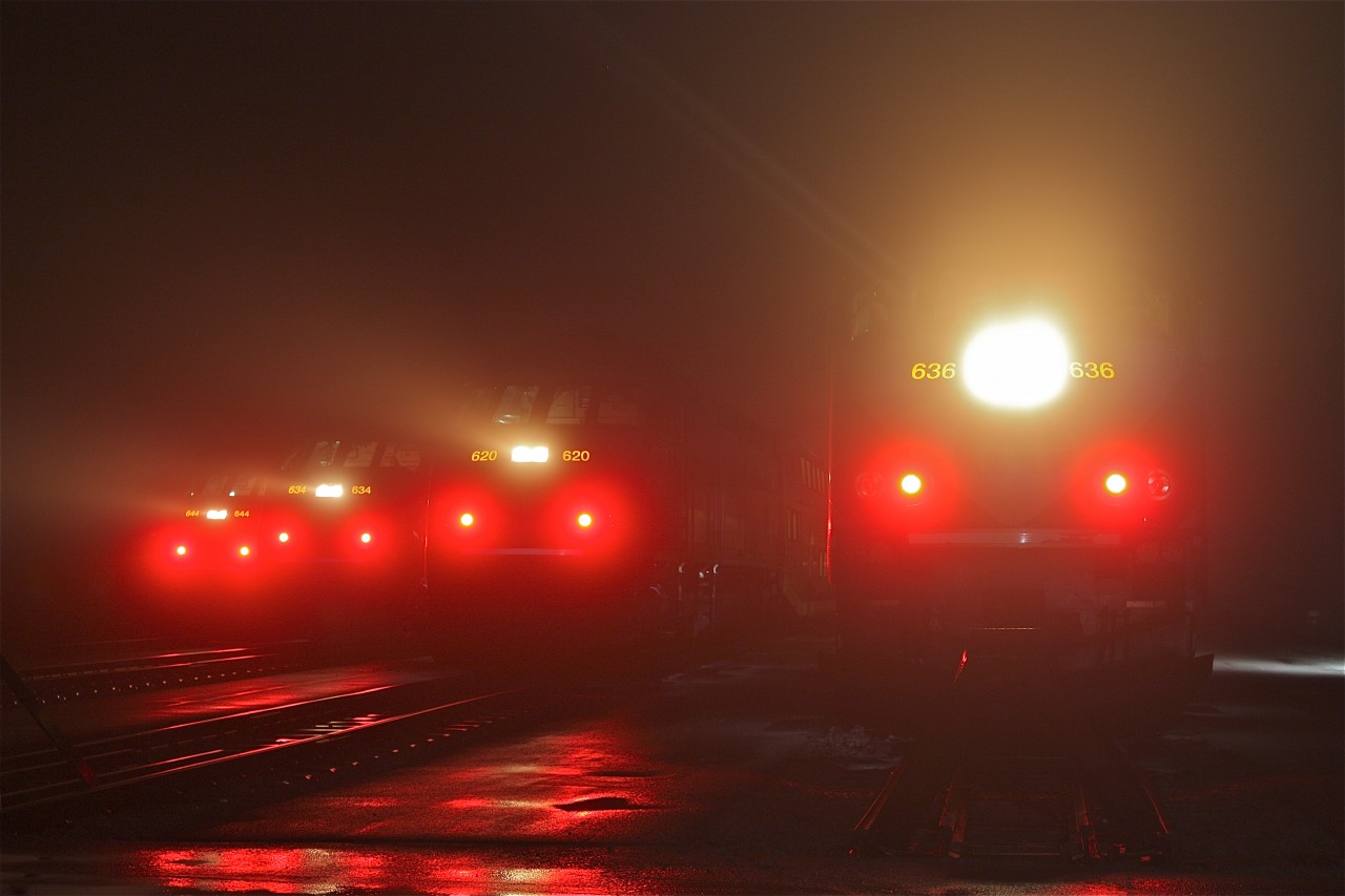 The foggy early morning hours finds the days rush hour train sets ready for their runs to Toronto.