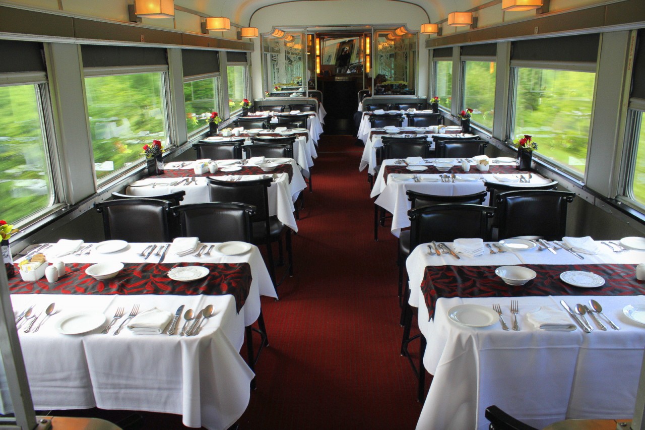 Tables set for the next call of passengers to lunch on VIA rail number 1 The Canadian bound for Vancouver !