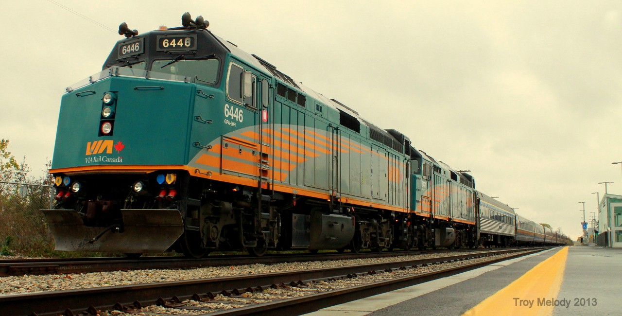 VIA 669 is tied down at Guelph Central station after unloading 500 Montreal Alouette fans,then turning around at the Guelph wye. VIA 669 will return to Montreal later that day as 663 and will arrive in Montreal around midnight.