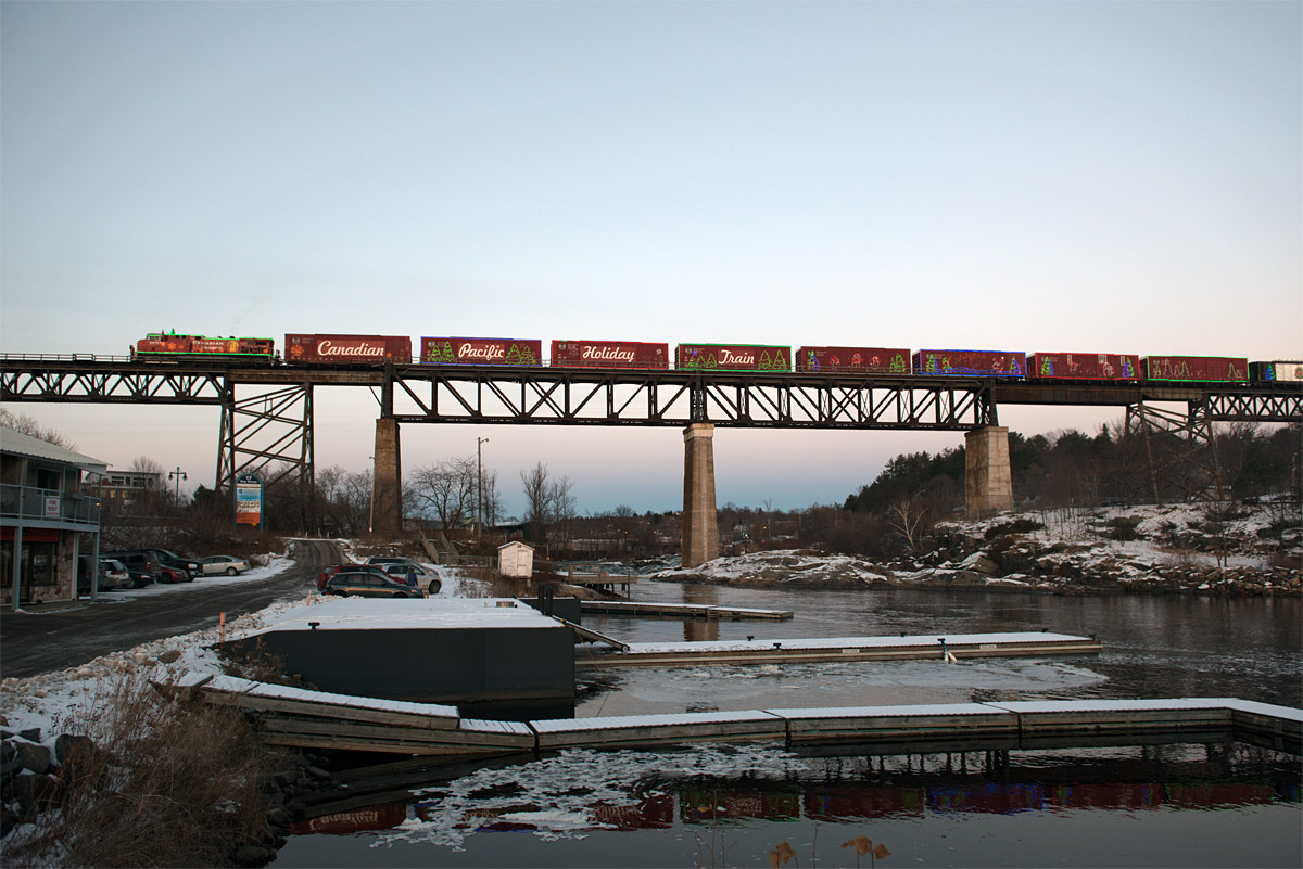 It's just past sunset, and this year's Holiday Train is en route across Canada. A stop to entertain a large crowd at the former CP depot in Parry Sound is just a few train lengths ahead.