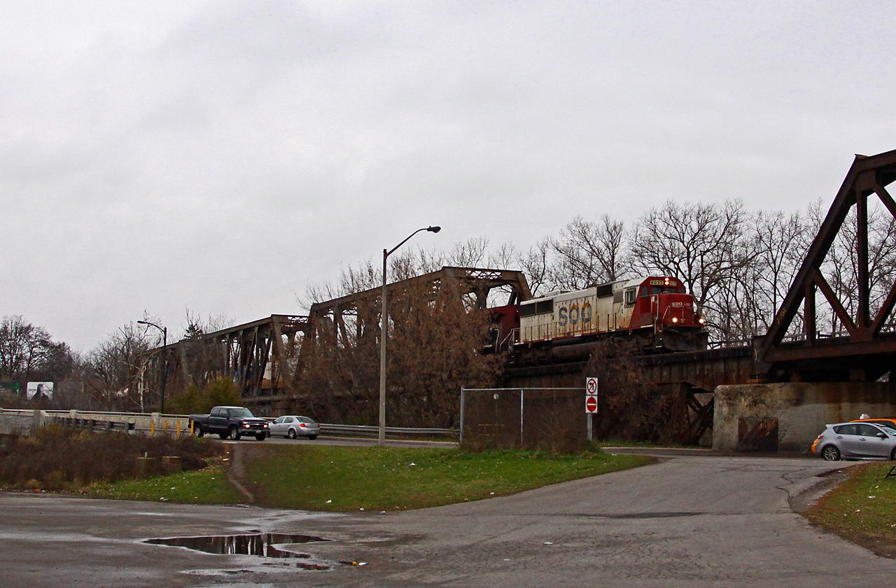 One of the last remaining SOO SD60's (6035) brings CP 240 down the hill and across the bridge over the Thames River. Adhering to Murphy's law, why does it seem the good stuff always shows up in lousy weather? Regardless, it was still a neat catch.