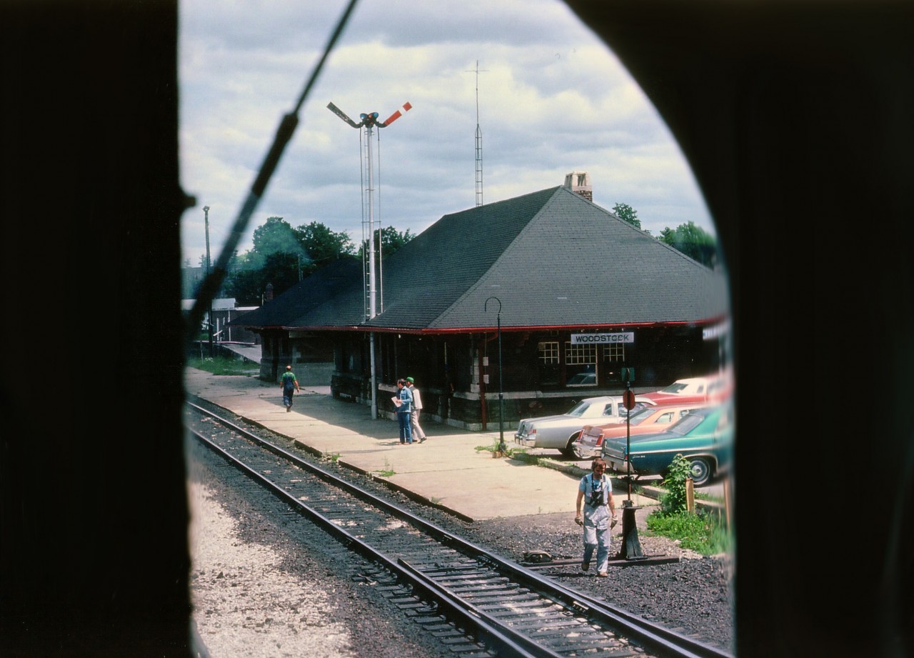 View From the Drivers' Seat: This is how it looked out the engineers window of the old CP RS-3 8459 on a nice warm day back in June of 1979. The switcher was based in Woodstock back at that time, and it still sported what was once a beautiful tuscan & grey, but now tattered, oily and dull. Born in 1954, this unit 'passed away' sometime around 1982. It is nice that the station still survives.
