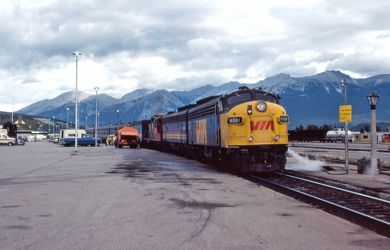 VIA #3 The Super Continental pauses at Jasper for a station stop before heading west for Vancouver