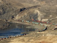 C.P.R. westbound, C.N.R. eastbound at Basque Siding and Black Canyon on Thompson River.