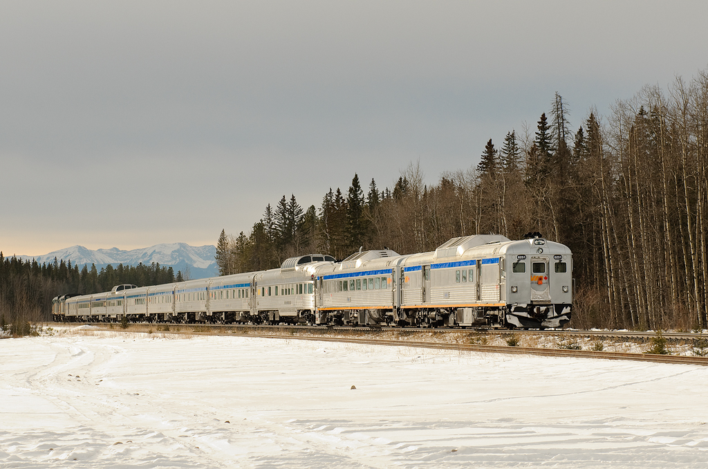 New power for The Skeena. The rumours were true. VIA Rail has sent 2 RDCs to Jasper for testing and presumable use on trains #5 and #6 between Jasper and Prince Rupert. VIA 6251 and 6219 are tacked onto the tailend of The Canadian passing through Pedley, AB.