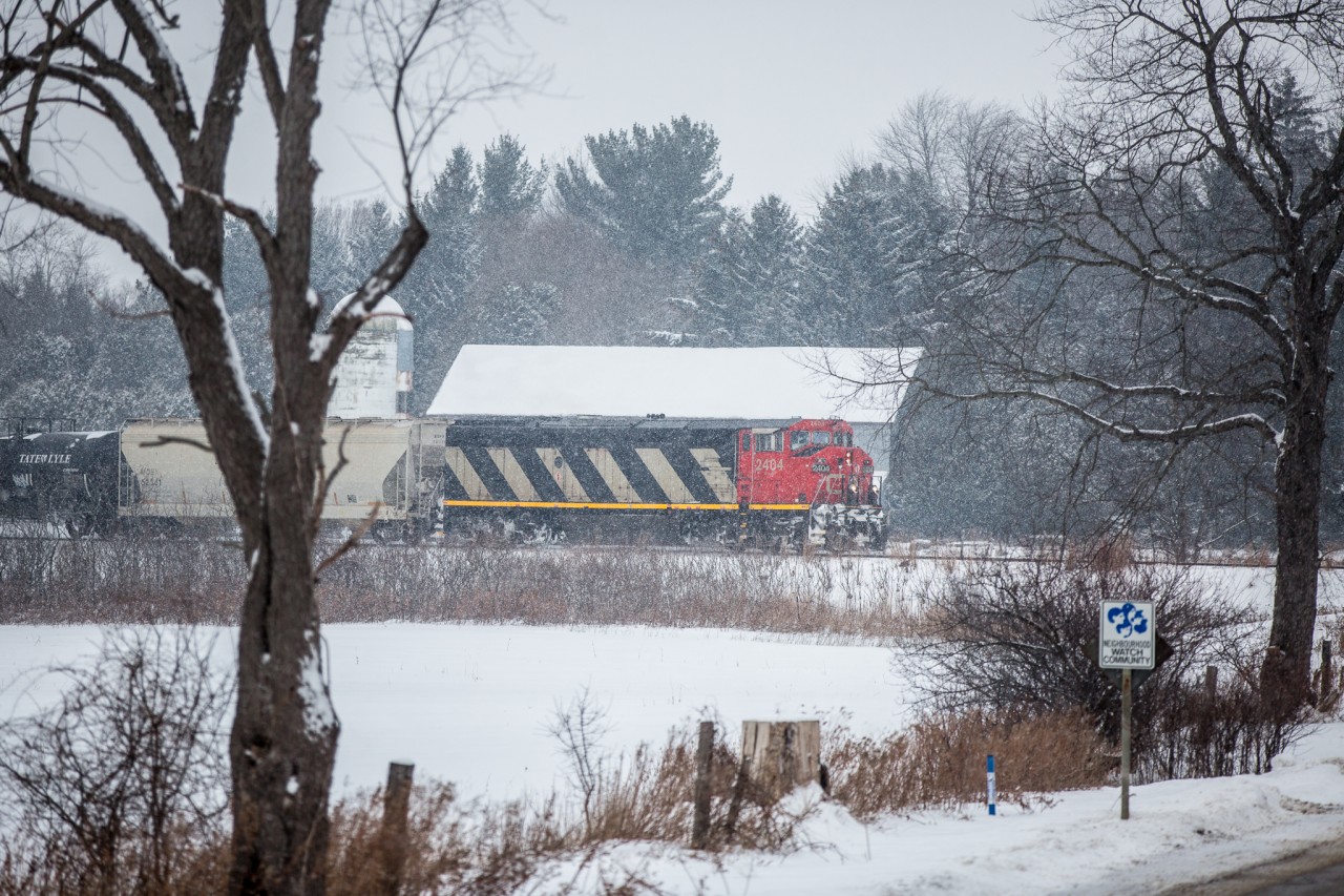 CN 2404 W in the snow on the approach to Melrose Diamond