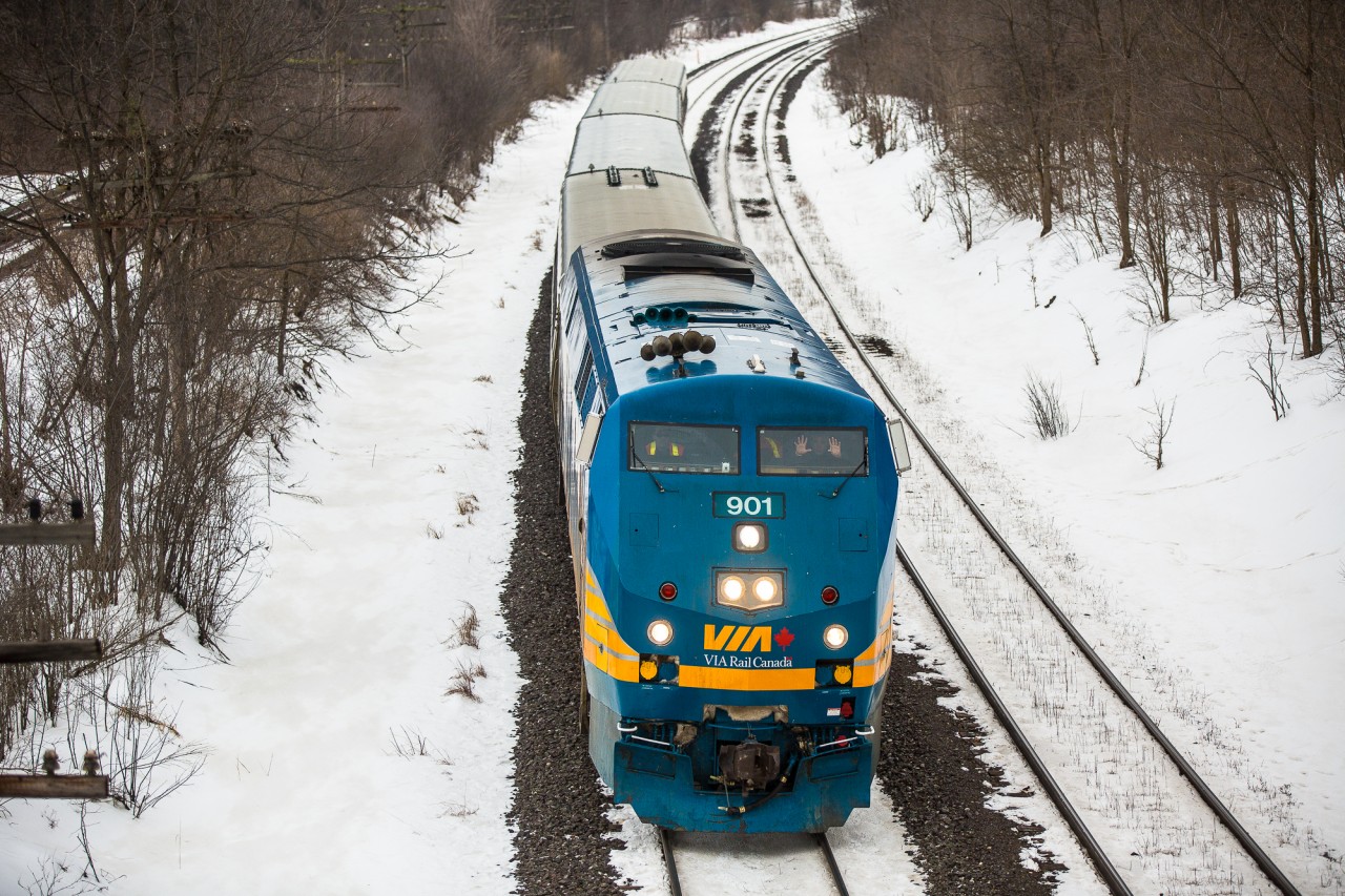 VIA 73 with 901 giving some love to the camera as they cross west by Denfield Rd. Crossed CN detector doing 91mph