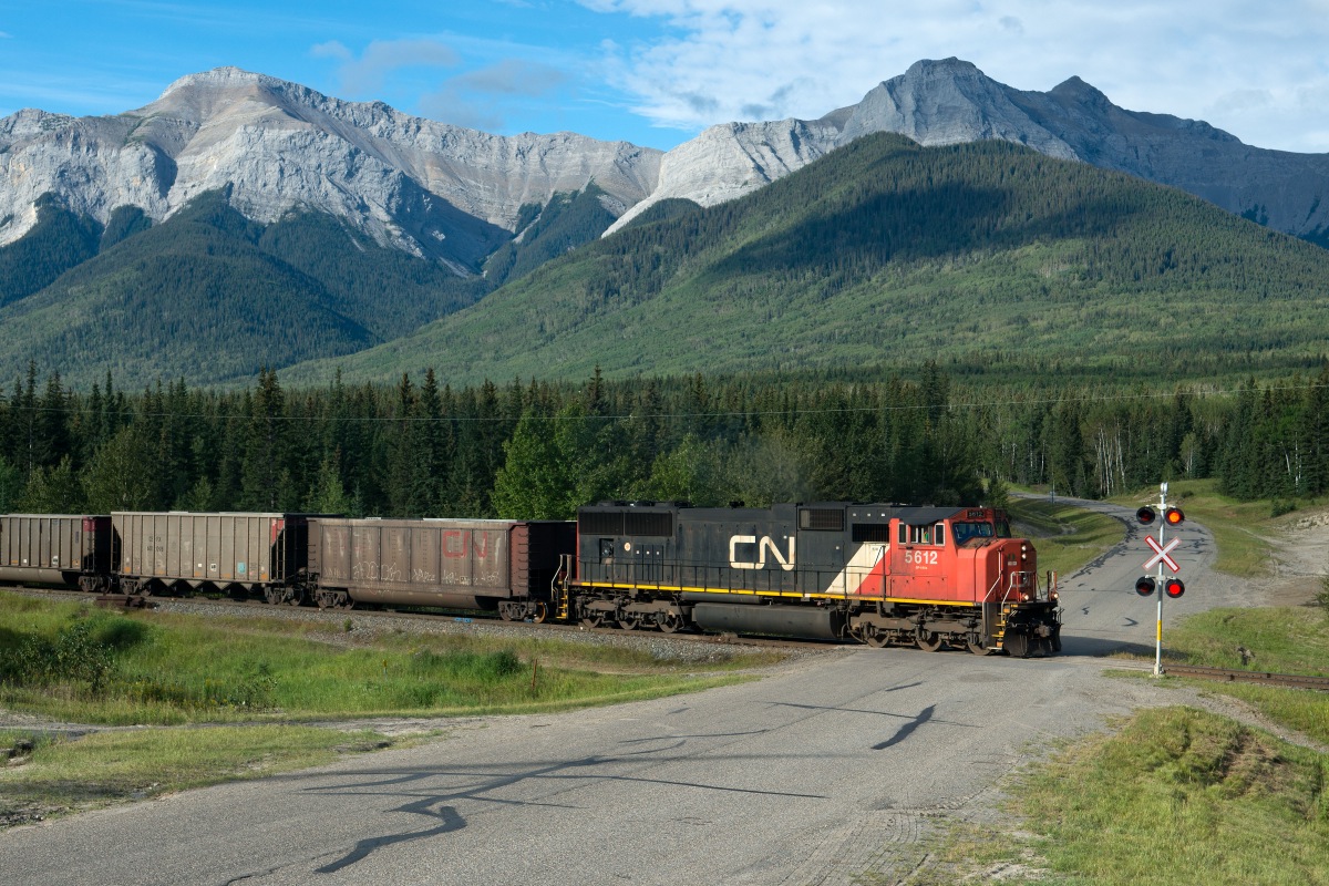 CN 5612 north departs Swan Landing on the Grande Cache Sub.
