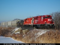 CP GP20C-ECO #2212 is still working the Windsor to Chatham local, train T-29, as it rolls over the Puce River Bridge on a -17C morning.  Lucked out here as I was shooting VIA #72 and both trains left Windsor at the same time.  Luckily T29 had to switch a customer in Elmstead which held him off just long enough for me to shoot both trains before heading home to warm up!!