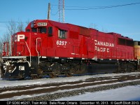 CP 6257, ex-SOO 6057, leads train #609 as it pauses in the siding in Belle River, Ontario to allow a couple eastbounds to pass.  Snow, sun, and clean units....  What a great combo....