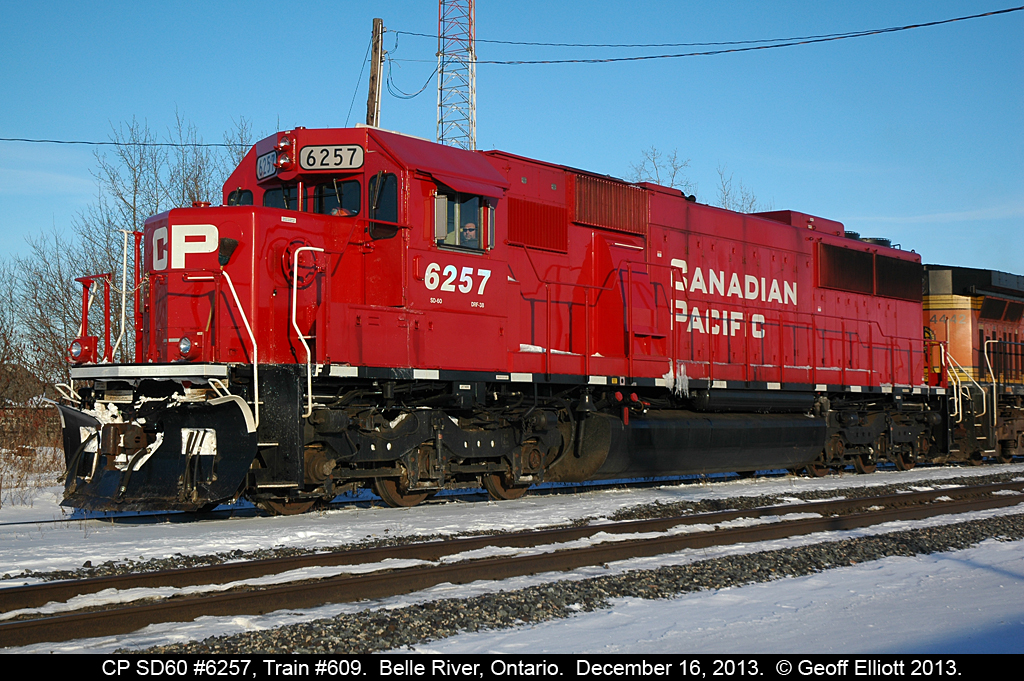 CP 6257, ex-SOO 6057, leads train #609 as it pauses in the siding in Belle River, Ontario to allow a couple eastbounds to pass.  Snow, sun, and clean units....  What a great combo....