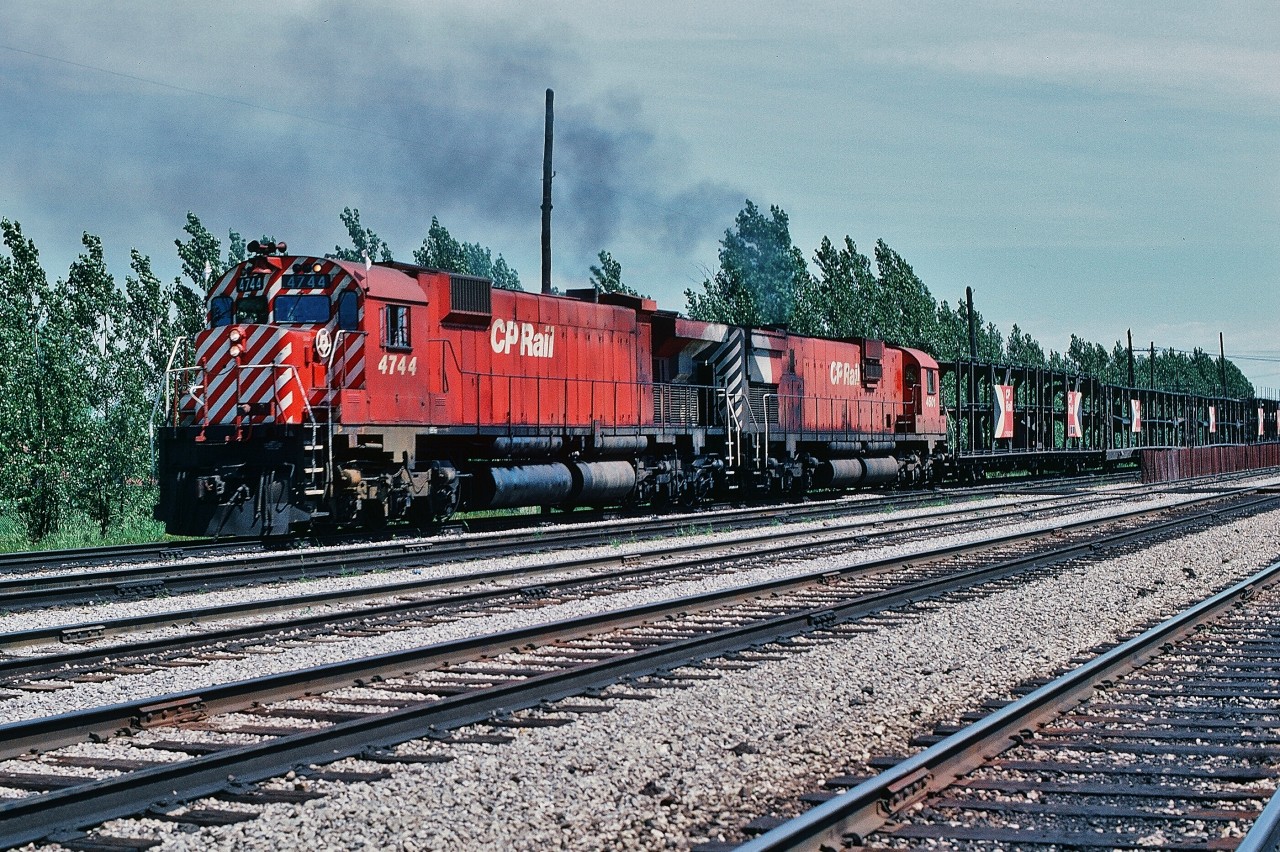 Unique Unit


CP had their share of one of kinds, such as


RSD 17  


see:     8921  



Here, the one of a kind MLW M640 #4744 is paired up with M630 #4501 on a CP Rail  extra West leaving Agincourt. 


July 1977 Kodachrome by S.Danko


What's interesting:  in the seventies CP Rail sponsored CFL Football and in one TV commercial the 4744 was the star !


In 1984 CP Rail commenced  testing  4744 with AC traction motors on A-1-A trucks right through to 1992 retirement.


more Unique Units


two 3100's:  Northern Type   


three EMD E-8 the 1800's:  ex CP  


M640:   the big M  


two of kind:    CP GP 30  


unique for 2004:   H 1 b 


unique for 1978:   H 1 e 


unique for 1975:   D 10 h 


two unique units for 1976:   only on CP 


other unique units?