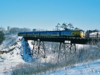 Saturday only unnamed ONR train 120;   originated North Bay - NOT the Northlander;   is on the East Branch Don River (one of many)  bridge approach CN Oriole.<br><br> Northlander power unit #1985 is the former ONR FP7A #1518 and was scrapped in year 2000.<br><br>ONR trains 121 & 122 (the Northlander) operated daily except Saturday and train 123 operated Friday and Sunday only hence train 120 is effectively a move to enable Sunday ONR train 123 to operate with ONR equipment.<br><br>That being said, with passenger service to the North discontinued September 2012, note that a Provincial election is looming within the next year (2014 / early 2015 at the latest) and please do make the effort to communicate – by whatever means -  to all candidates' in YOUR riding your opinion(s) regarding ONR passenger train service !<br><br>Jan 26, 1985 Kodachrome by S. Danko.<br><br>More Northlander: <br><br><a href="http://www.railpictures.ca/?attachment_id=8047"> at CN Nipissing </a> <br><br><a href="http://www.railpictures.ca/?attachment_id=8056"> multiple classics </a> 