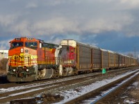 BNSF C40-8Ws 843 and 876 depart CN's MacMillan Yard via the Halton Outbound with Toronto-Sarnia train A411. BNSF 843 is roaming CN's rails again today as CN 2183.